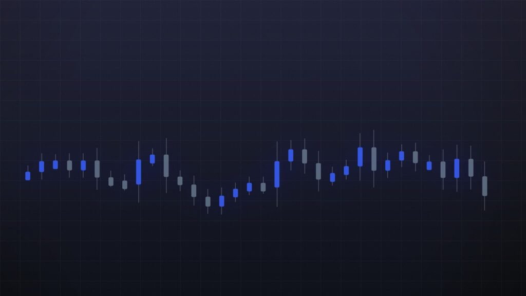 Abstract candlestick chart illustration in blue and slate, no figures shown