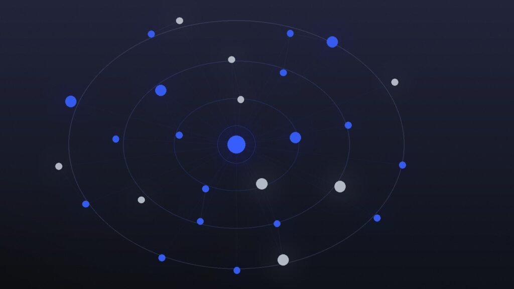Abstract network of connected nodes representing trading fundamentals